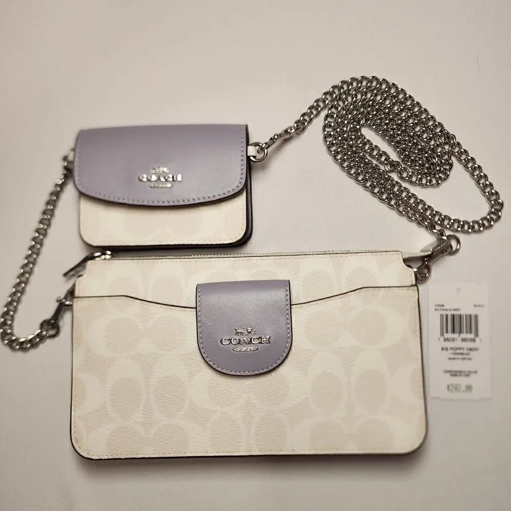 COACH C3328 Poppy Crossbody With Card Case Signature Canvas Leather Chalk Purple